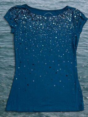 Y2K Starry Night Blue Sequin Slinky Tee by INC ⭐️ beautiful sparkle top